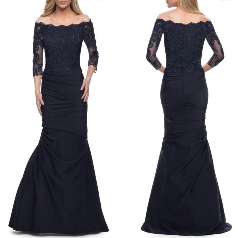 NEW La Femme 29324 Sparkle Lace Off Shoulder Ruched Trumpet Gown in Navy Sz. 10